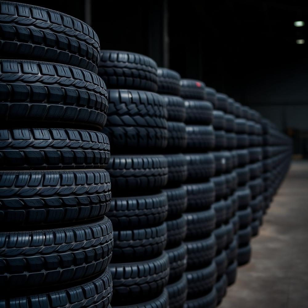 New tires stacked in the shop warehouse