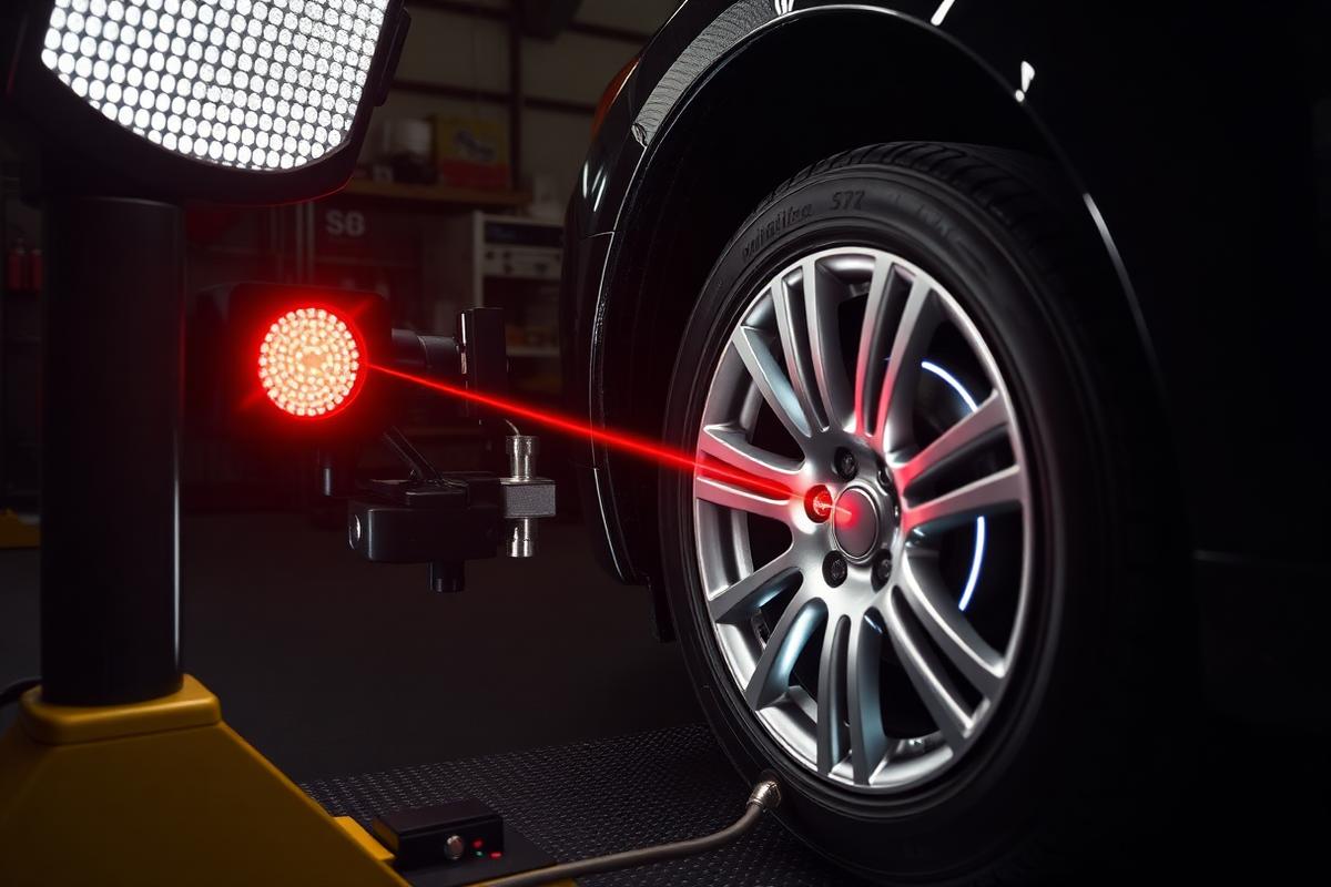 Laser wheel alignment in progress